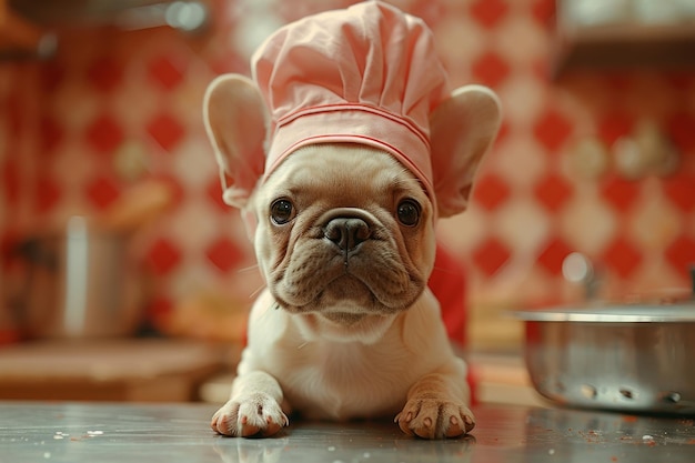 Small Dog Wearing Chefs Hat on Counter