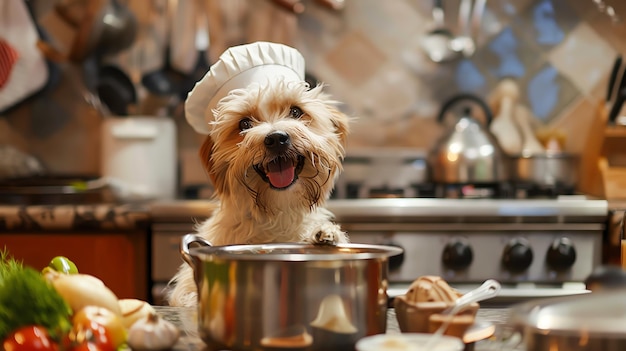 A small dog wearing a chefs hat smiles at the camera while standing next to a pot on the counter