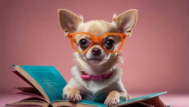 a small dog wearing glasses is sitting on a book