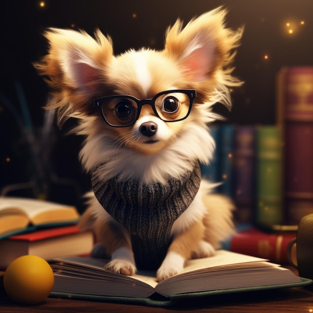 Small Dog Wearing Glasses Sitting on Book