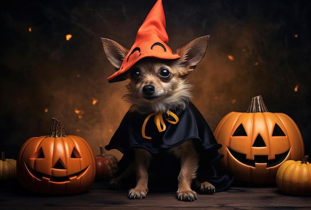 small dog wearing a halloween costume with pumpkin stock fotografie