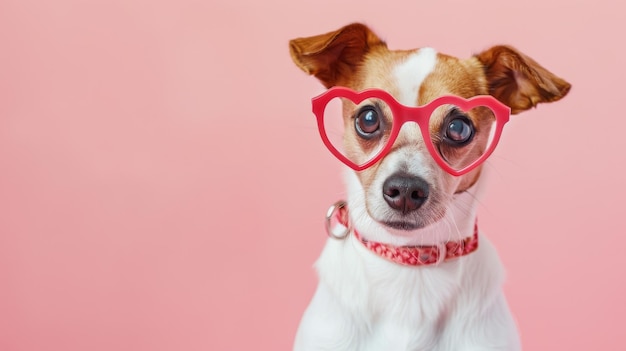 A small dog wearing heartshaped glasses sits against a pink background exuding cuteness and charm