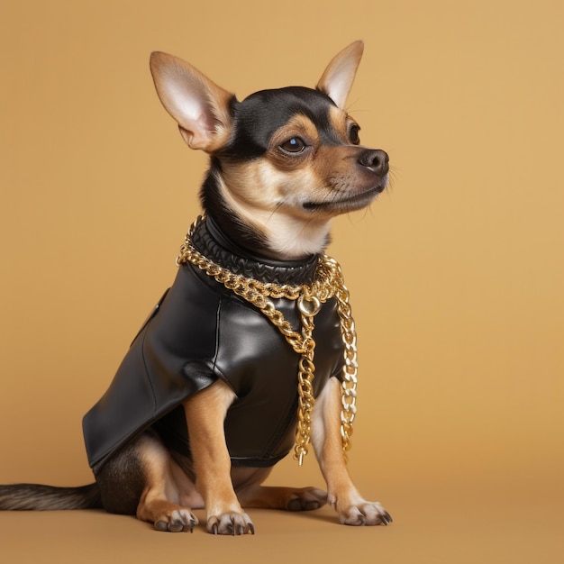 A small dog wearing a leather jacket with a heart on it.