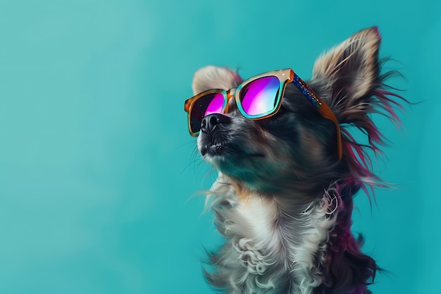 Photo small dog wearing sunglasses on blue background