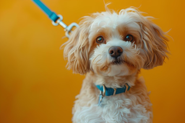 A small dog with a blue collar and a white face