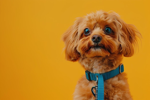 A small dog with a blue collar and a yellow background with a yellow background and a yellow