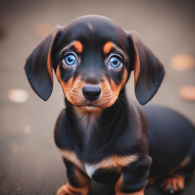 a small dog with blue eyes is sitting on a concrete surface