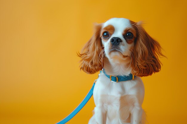 A small dog with a blue leash on a yellow background with a yellow background and a white dog with a