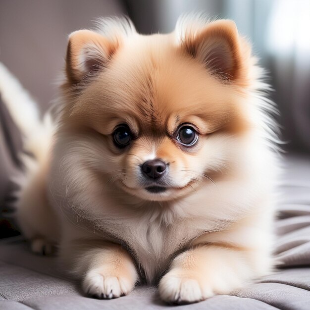 a small dog with a brown nose and a black nose sits on a gray couch