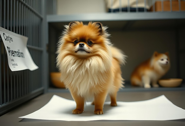 a small dog with a fluffy haircut is standing on a white cloth