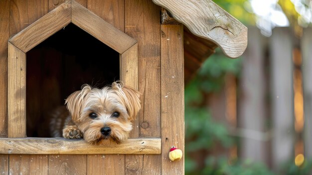 Photo small dog in wooden doghouse looking out