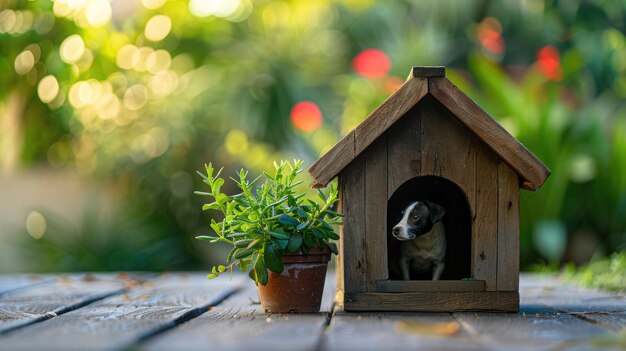 Photo small dog in wooden doghouse with potted plant outdoors