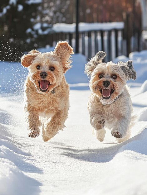 Photo small dogs playing in snowy landscape