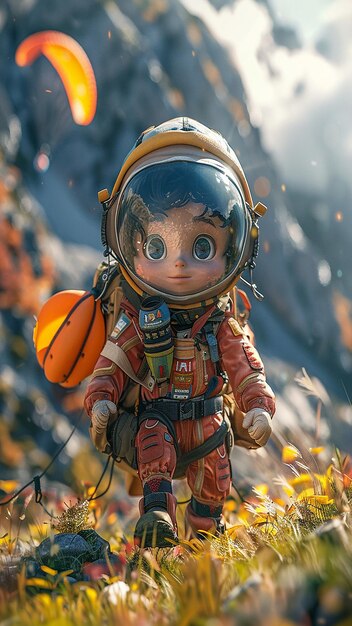 a small doll with a helmet and an orange bag