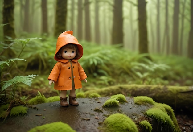 Photo a small doll with an orange raincoat stands in a forest