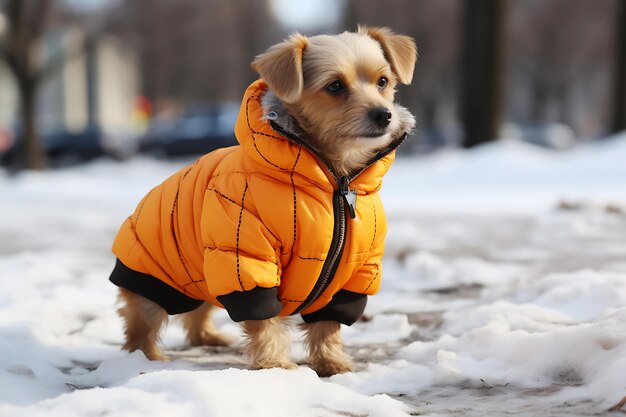 Small domestic dog in a warm orange jacket posing on a city street in winter Horizontal photo