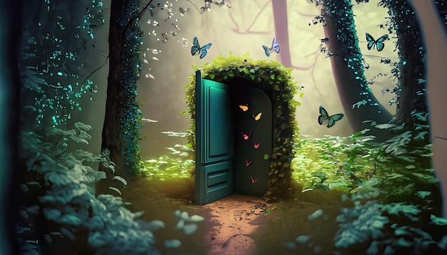 Small door in a forest realistic lots of foliage with small butterflies thunder storm 4k