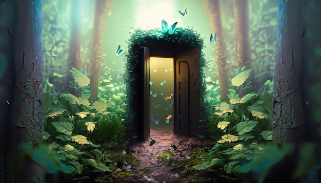 Small door in a forest realistic lots of foliage with small butterflies thunder storm 4k