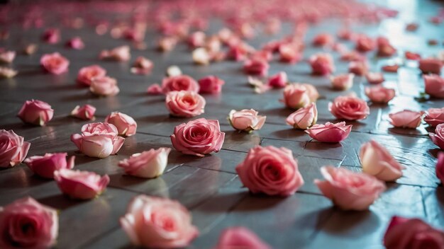 Small dried rose flowers on a gray background