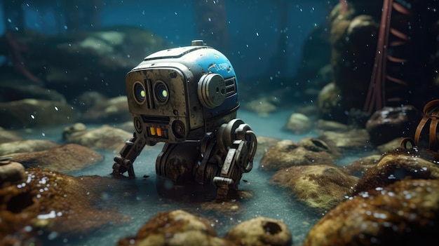 A Small Droid With A Head And Hands Background Of A Sunken Shipwreck With Treasure Generative AI