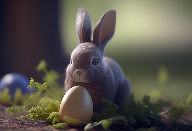 Small easter bunny with egg among green grass Generative AI illustration