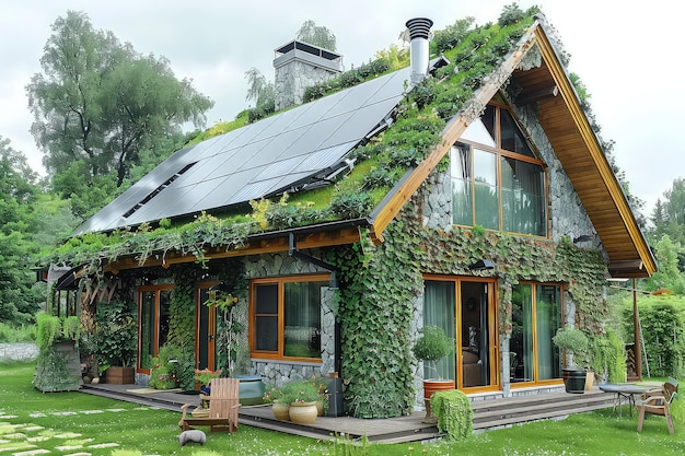 Photo a small ecofriendly cozy house immersed in greenery a picturesque dwelling emerges from the foliage as this cozy house harmonizes with the vibrant greenery