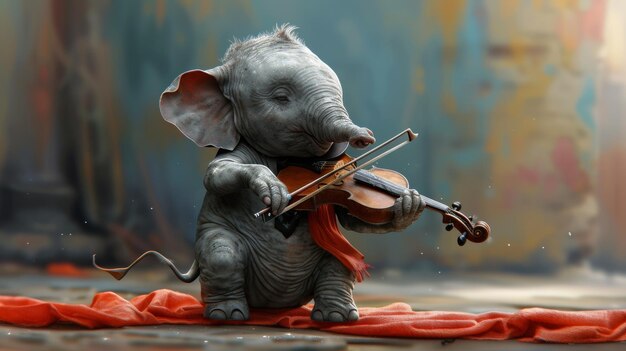 A small elephant playing a violin on top of red cloth ai