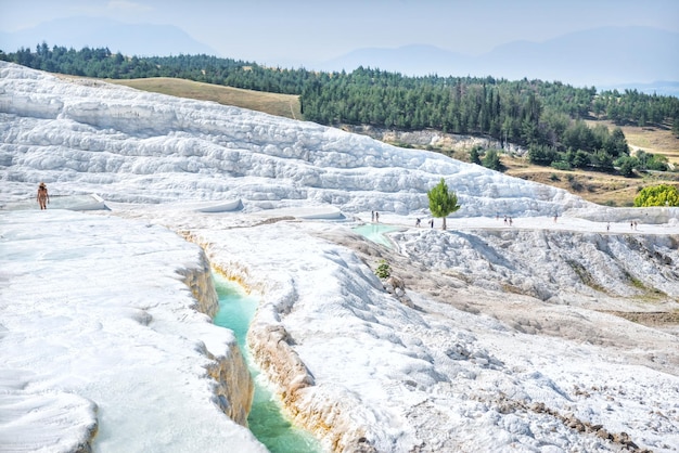 Small emerald travertine lakes of the White Mountain and tourists Pamukkale Turkiye