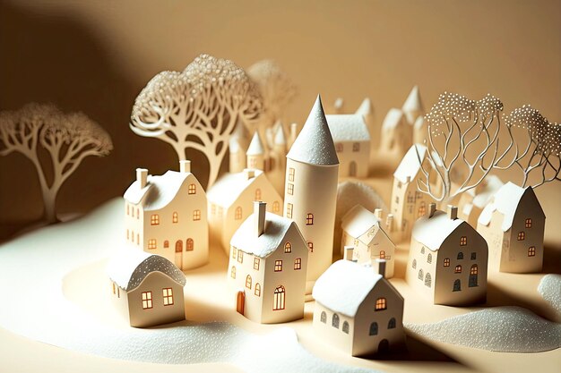 Small fairytale snow town paper winter landscape