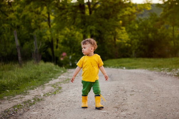 A small farm boy walking along a dirt road.