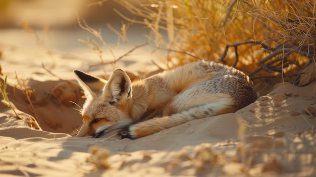 Photo a small fennec fox sleeps curled up in soft desert sand surrounded by dry vegetation embracing the tranquility of nature