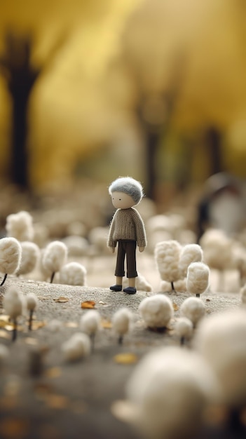 A small figure of a person standing in a field of sheep.