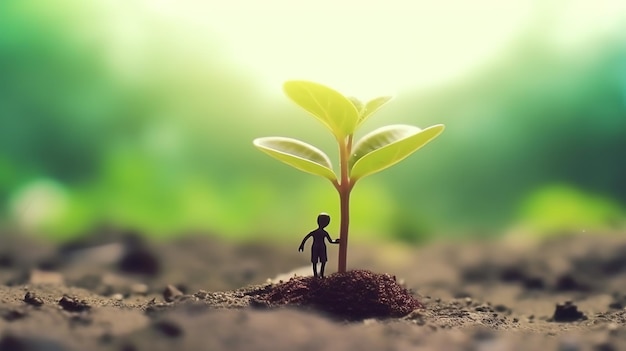 A small figure stands in the soil with a plant in the background.