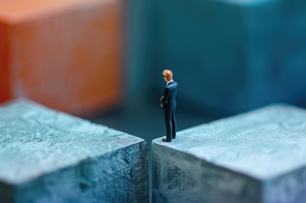 Photo a small figurine of a man standing on a block of concrete