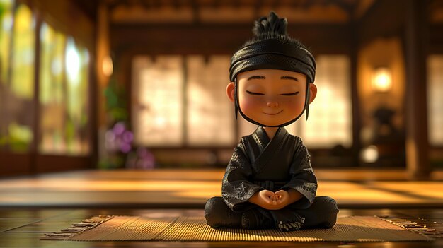 a small figurine sits on a wooden floor with his hands in front of him