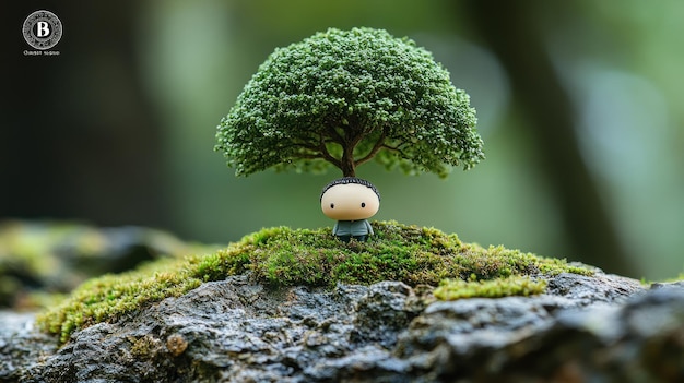 Photo small figurine standing under a tree on a mossy rock