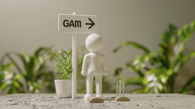 a small figurine stands next to a sign that says quot go to the right quot