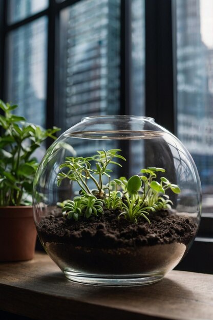 Photo a small fish bowl with a plant in it and a large window behind it