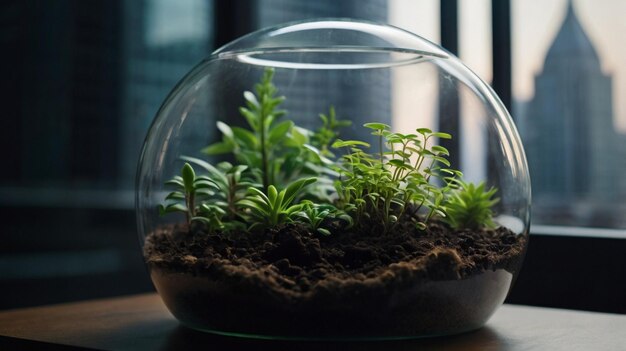 a small fish bowl with a plant in it and a large window behind it