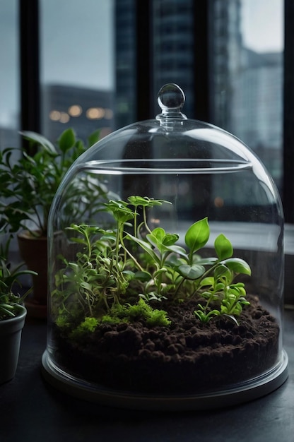 Photo a small fish bowl with a plant in it and a large window behind it