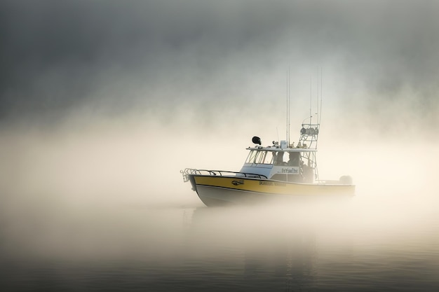 A small fishing boat goes out to fish in the morning mist Ai generated