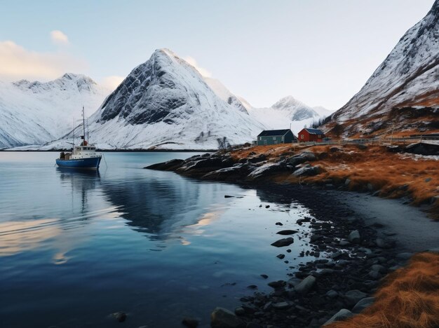 Small fishing village in a rural area surrounded by snowcapped mountains