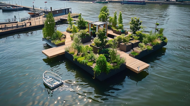 A small floating garden with wooden walkways and potted plants on a calm lake