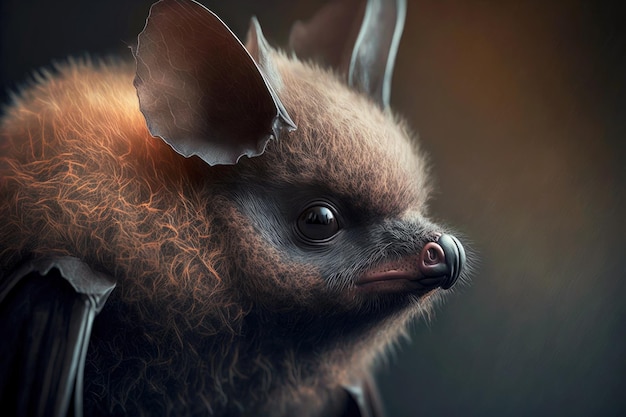 Small fluffy bat with thick hair on dark background