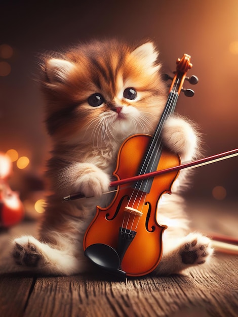 A small fluffy kitten plays the violin