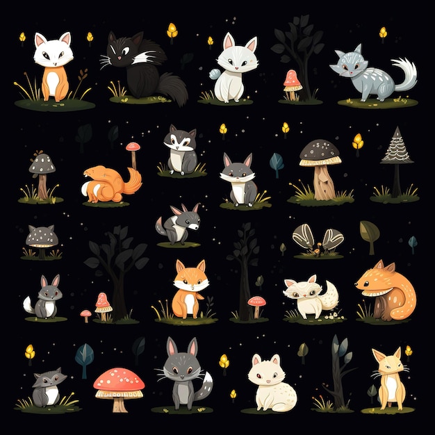 small forest animals on plain black background Generative AI