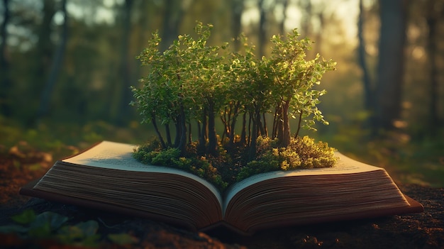 A small forest grows out of an open book on the forest floor