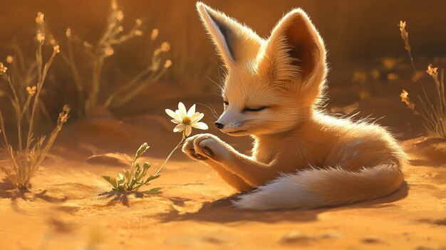 Photo a small fox is sniffing a flower in the sun