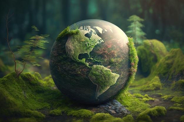 The small and fragile globe sits nestled in a bed of vibrant green moss surrounded by towering trees and a lush forest floor