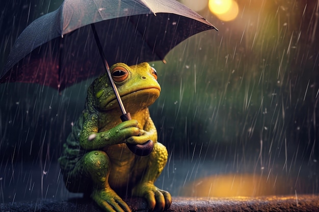 small frog crying under a big umbrella